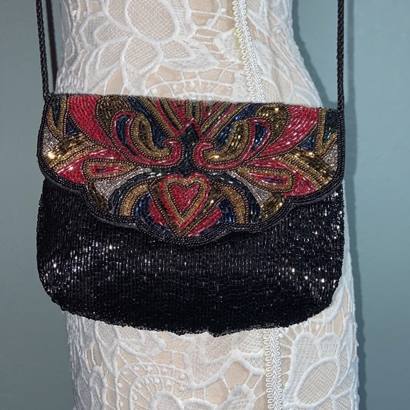 EUC Hand Beaded Clutch Purse Evening Bag Cocktail Black & red - Picture 3 of 12